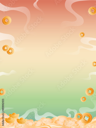 China chic illustration with gold coins, gold ingots and auspicious cloud symbolizing auspiciousness and good luck. Background for Spring festival. Decorative elements for chinses new year.