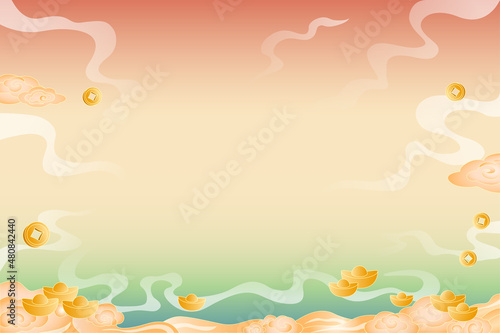 China chic illustration with gold coins, gold ingots and auspicious cloud symbolizing auspiciousness and good luck. Background for Spring festival. Decorative elements for chinses new year.