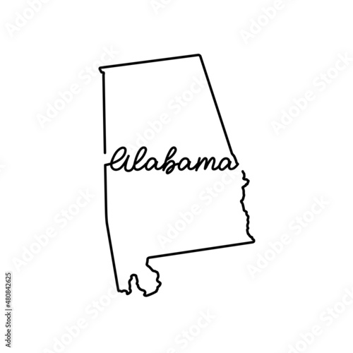 Alabama US state outline map with the handwritten state name. Continuous line drawing of patriotic home sign. A love for a small homeland. T-shirt print idea. Vector illustration.