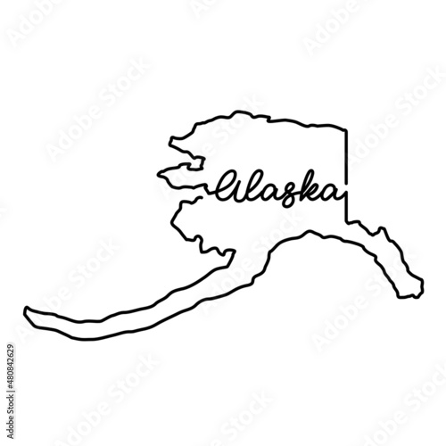 Alaska US state outline map with the handwritten state name. Continuous line drawing of patriotic home sign. A love for a small homeland. T-shirt print idea. Vector illustration.