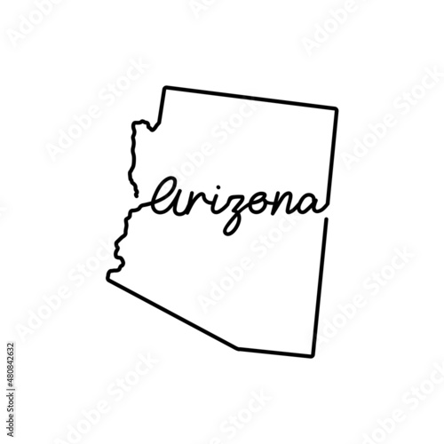 Arizona US state outline map with the handwritten state name. Continuous line drawing of patriotic home sign. A love for a small homeland. T-shirt print idea. Vector illustration.