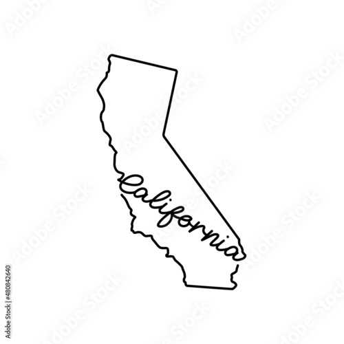 California US state outline map with the handwritten state name. Continuous line drawing of patriotic home sign. A love for a small homeland. T-shirt print idea. Vector illustration.