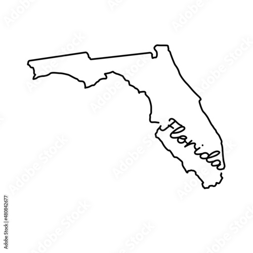 Florida US state outline map with the handwritten state name. Continuous line drawing of patriotic home sign. A love for a small homeland. T-shirt print idea. Vector illustration.