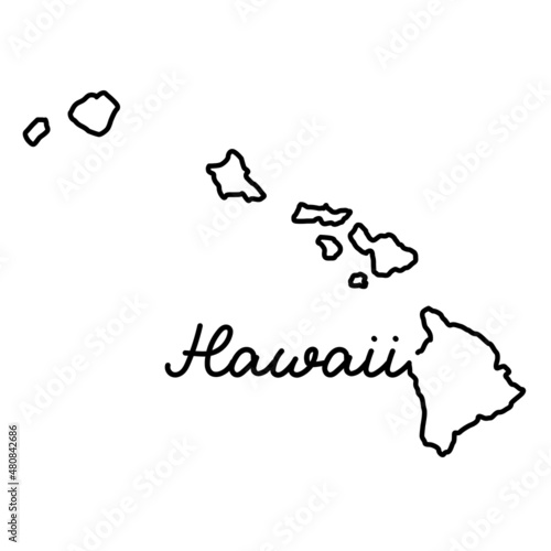 Hawaii US state outline map with the handwritten state name. Continuous line drawing of patriotic home sign. A love for a small homeland. T-shirt print idea. Vector illustration.