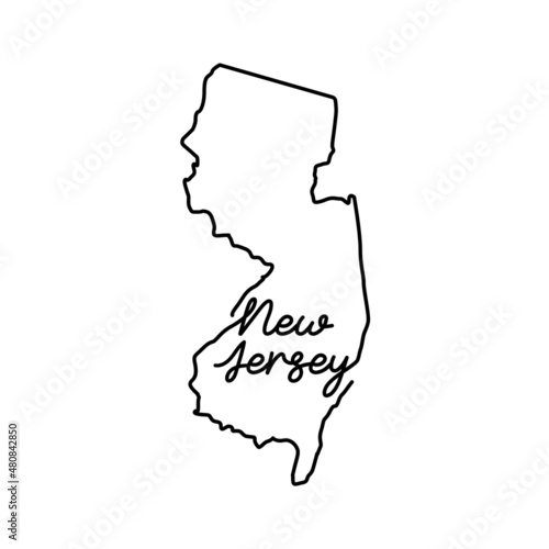 New Jersey US state outline map with the handwritten state name. Continuous line drawing of patriotic home sign. A love for a small homeland. T-shirt print idea. Vector illustration.