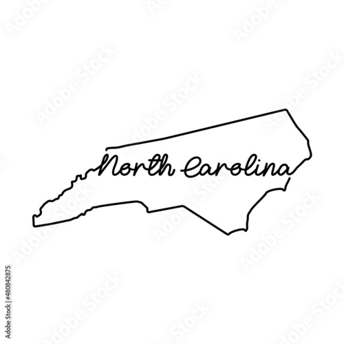 North Carolina US state outline map with the handwritten state name. Continuous line drawing of patriotic home sign. A love for a small homeland. T-shirt print idea. Vector illustration.