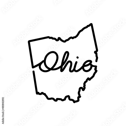 Ohio US state outline map with the handwritten state name. Continuous line drawing of patriotic home sign. A love for a small homeland. T-shirt print idea. Vector illustration.