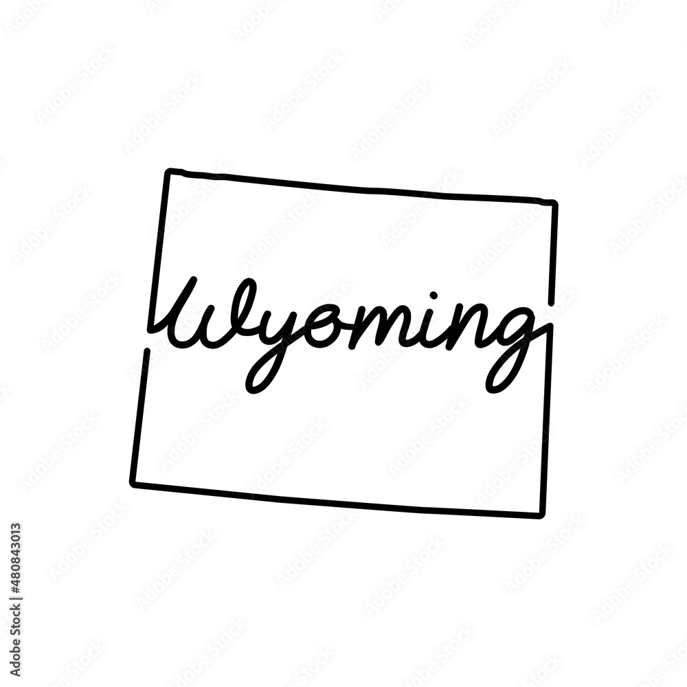 Wyoming US state outline map with the handwritten state name. Continuous line drawing of patriotic home sign. A love for a small homeland. T-shirt print idea. Vector illustration. Wyoming US state outline map with the handwritten state name. Continuous line drawing of patriotic home sign. A love for a small homeland. T-shirt print idea. Vector illustration.