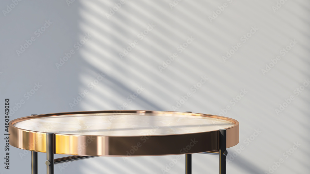3D render of an empty round marble side table with metallic gold rim for products display. Blind curtain shadow and sunlight on gray wall in background. Overlay, Backdrop, Shinny, Brass, Luxury. - obrazy, fototapety, plakaty 