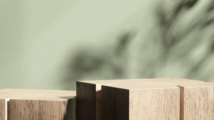 3D render background for natural organic products showcase or display. An empty natural wooden log podium stand on green background with beautiful leaves shadow. Eco, Cosmetic, spa, beauty, Sunlight.