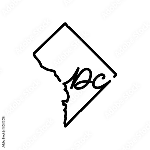 District of Columbia or Washington DC outline map with the handwritten capital name. Continuous line drawing of patriotic home sign. T-shirt print idea. Vector illustration.