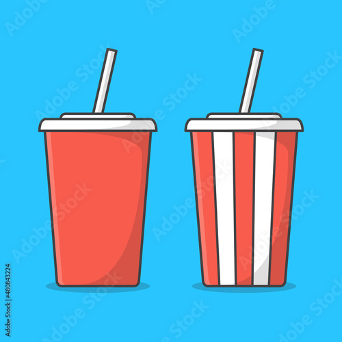 Set Of Soda Cup With Straw Vector Icon Illustration. Red And White Cup For Soda Or Cold Beverage. Disposable Soda Cup