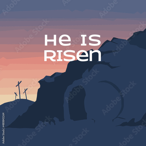 He is risen. Square image depicting the empty tomb, celebrating the resurrection of Jesus Christ, on Easter Sunday. Calvary in background as sun rises. 