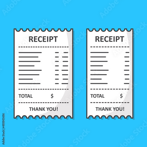 Set Of Receipt Paper Vector Icon Illustration. Paper Print Check, Shop Reciept Or Bill Illustration. Paper Printed Sales Shop Receipt