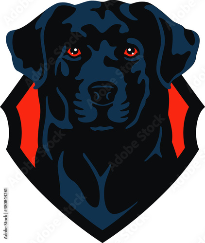 Black Labrador Retriever Dog with a Shield in the background