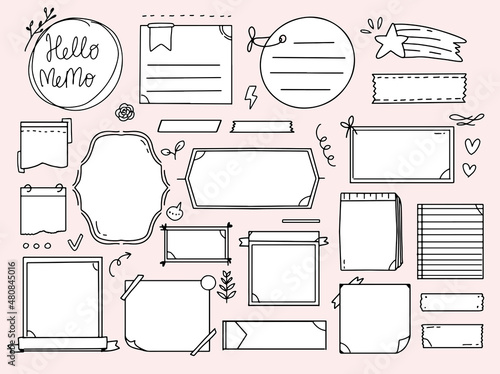 Bullet journal element hand drawing doodle memo element set. Notebook planner, diary, banner icon in white.