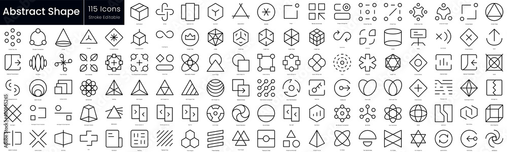 Abstract outline icon set. Editable stroke thin line icons Collection contains such Icons as export, sphere, refraction, association, display, badge, symmetry and more - obrazy, fototapety, plakaty 