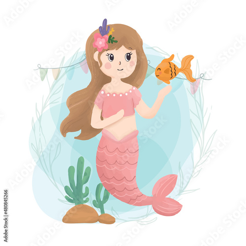 Cute mermaid playing with fish and seaweed poster. Beautiful under water mermaid baby girl.
