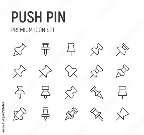 Set of push pin line icons.