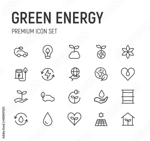 Set of green energy line icons.
