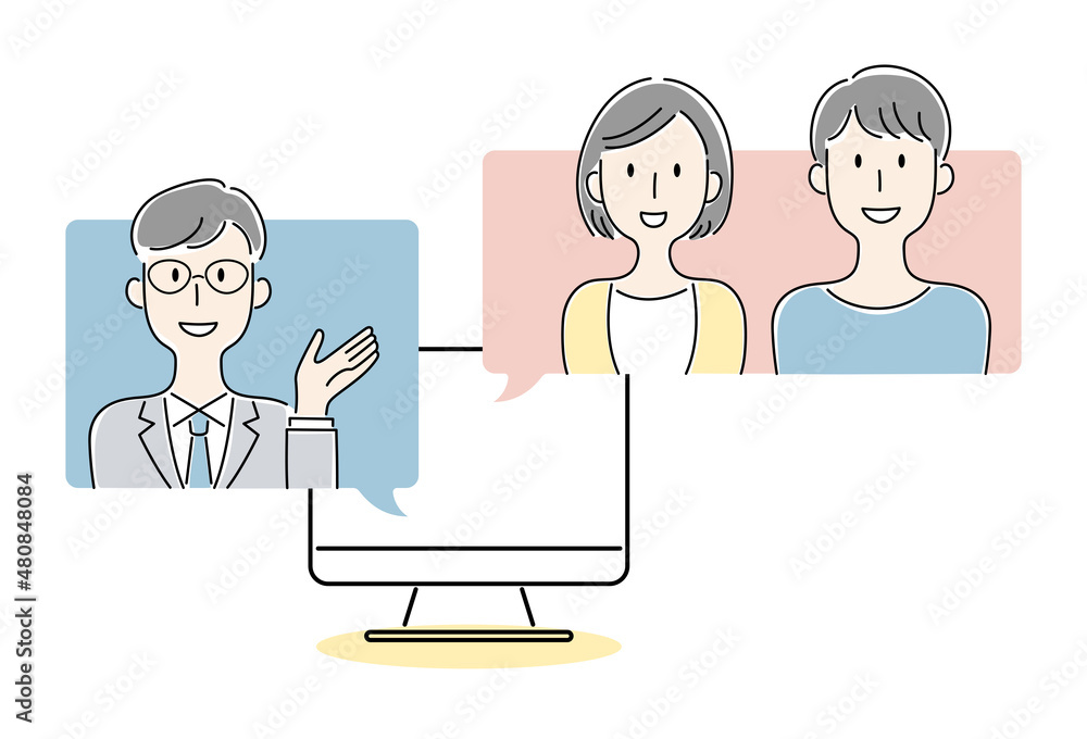 手描き風・オンラインで会話する男女のベクターイラスト 手描き風・オンラインで会話する男女のベクターイラスト