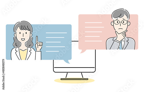 手描き風・オンラインで会話する男女のベクターイラスト