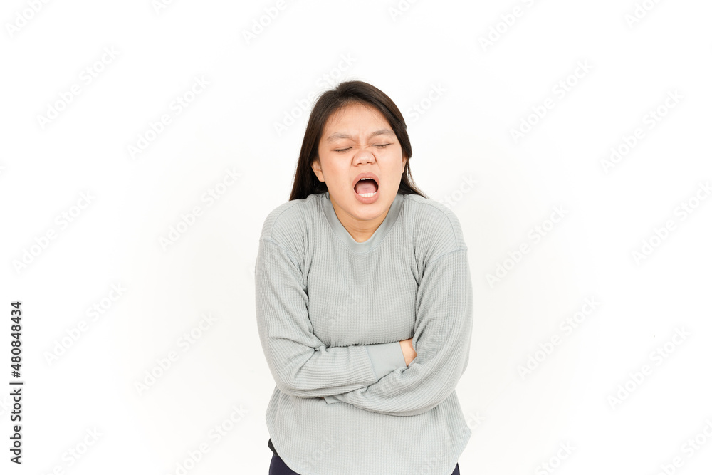 Stomachache Gesture Of Beautiful Asian Woman Isolated On White Background Stomachache Gesture Of Beautiful Asian Woman Isolated On White Background