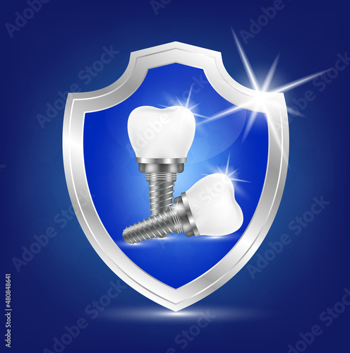 label aluminum dental implant healthy. Teeth healthy sparkling. Can be used in children dentist clinic. Medical health and dentistry concept. Vector EPS10.