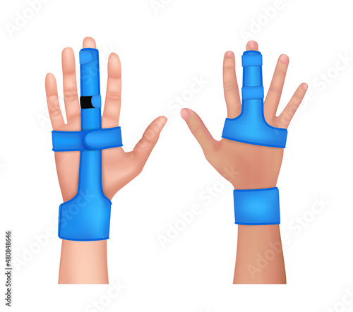 Plastic two sided finger splint with two convenient hook and loop straps on an broken middle finger. Holding a finger straight with orthopedic tool. isolated on white background. 3D vector EPS10.