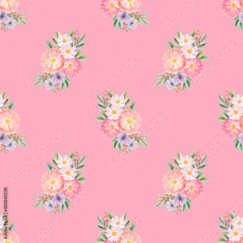 Spring flowers seamless pattern. Botanical background. Arrangement of pink and white wildflowers.