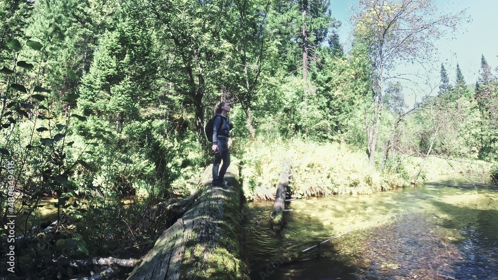 Traveler photographing scenic view in forest river. Wood bridge fallen tree. One caucasian woman shooting nice magic look. Girl take photo on camera.