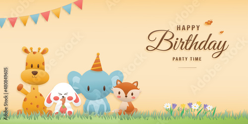Cute birthday greeting card. Giraffes, elephants, rabbits, and foxes are smiling. Templates for making banner advertise. paper and papercraft Style.