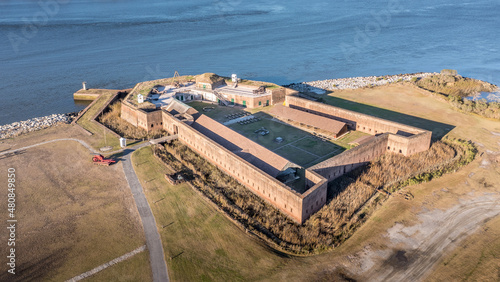 Aerial view of Old Fort Jackson on the Savannah river on the border of Georgia and South Carolina, oldest standing brick confederate fort with river view cannon firing loopholes