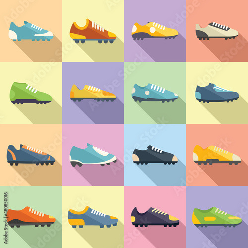 Football boots icons set flat vector. Soccer boot