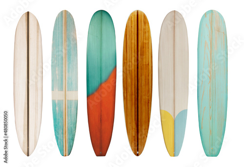 Collection of vintage wooden longboard surfboard isolated on white with clipping path for object, retro styles. photo