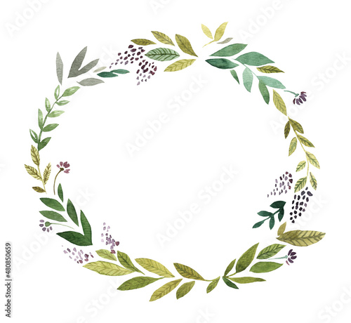 Round frame  watercolor wreath of green leaves and purple flowers. Handmade is perfect for invitations and postcards