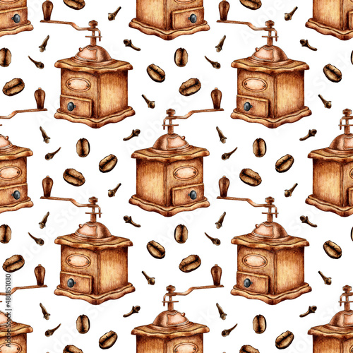 Watercolor painting pattern classic vintage coffee grinder, coffee beans and cloves spices. Seamless repeat print handmade wooden coffee grinder. Coffee mill logo. Menu design for a cafe or restaurant