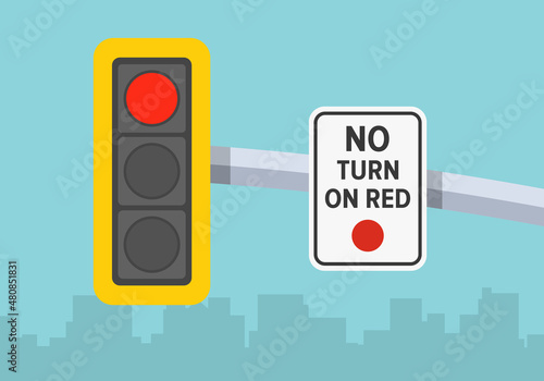 Traffic regulations. Close-up view of a traffic signal and "no turn on red" sign. Flat vector illustration template.