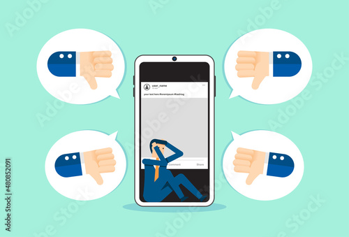 Disappointment from social media, businessman headache from heavy thumb down, customer complaint, negative and dissatisfaction
