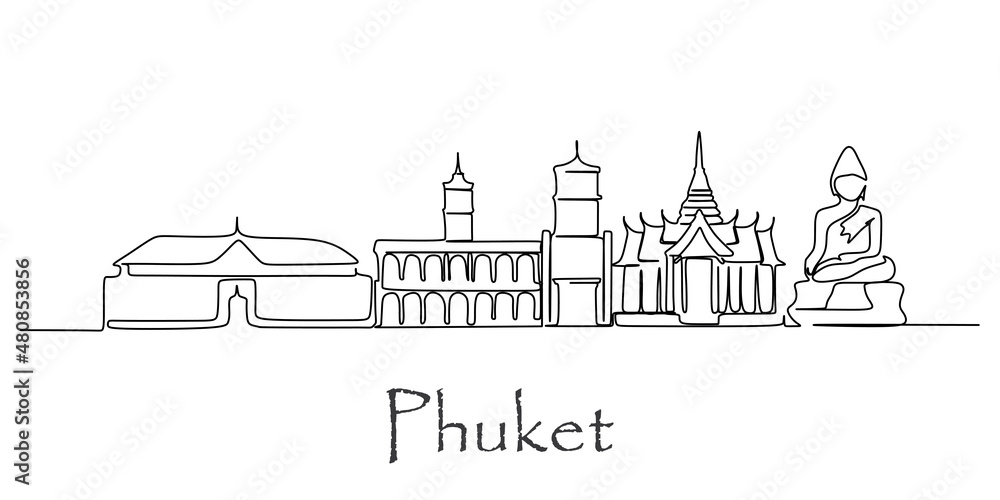 Single continuous line drawing of Phuket skyline, Thailand. Famous city scraper landscape. World travel home wall decor art poster print concept. Modern one line draw design vector illustration