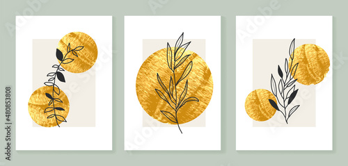 Gold Botanical wall art vector set. Earth tone boho foliage line art drawing with  abstract shape.  Abstract Plant Art design for print, cover, wallpaper, Minimal and  natural wall art.