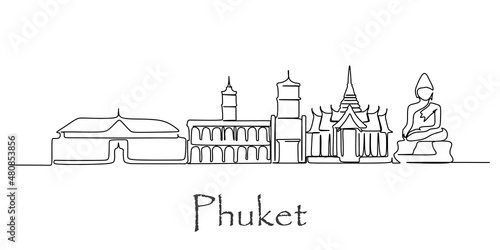 Single continuous line drawing of Phuket skyline, Thailand. Famous city scraper landscape. World travel home wall decor art poster print concept. Modern one line draw design vector illustration