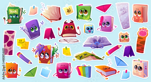 Set of stickers cartoon books, notes, bookmarks and pencils. Cute school stationery personages diary, witch spellbook, devil, cat paw, paper corners. Vector patches collection, cut out illustration