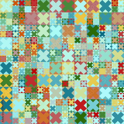 Patrón geométrico abstracto compuesto de cruces en colores pastel suaves en contraste de tamaños y sobre fondo azul claro.