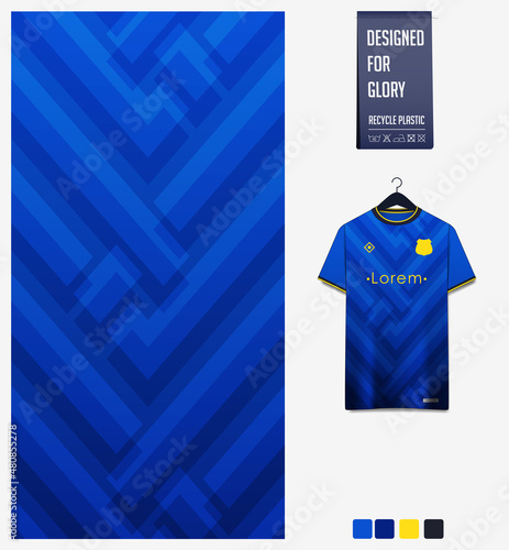 Soccer jersey pattern design. Geometric pattern on blue background for soccer kit, football kit or sports uniform. T-shirt mockup template. Fabric pattern. Abstract background. 