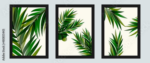 Green leaves tropical wall art background vector.Canvas frame design for prints   wallpaper  cover  banner and home decor.