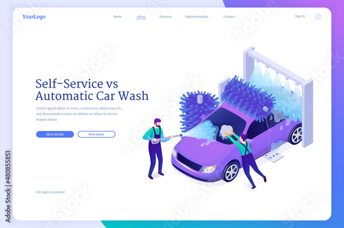 Self-service vs automated car wash isometric landing page. Carwash workers cleaning dirty vehicle with hose and foam, station for automobiles complex clean with shower and brushes 3d vector web banner