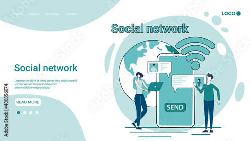 Social network.People use the Internet to communicate in social networks.The concept of e-mail and messengers.Illustration in the style of a landing page in green.