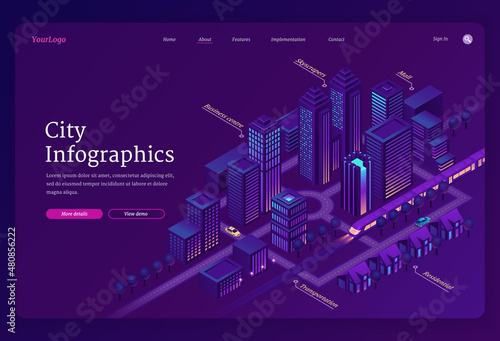 City infographics isometric landing page, modern metropolis town with neon glowing skyscraper buildings, transportation, business center, mall and residential area, train and taxi 3d vector web banner