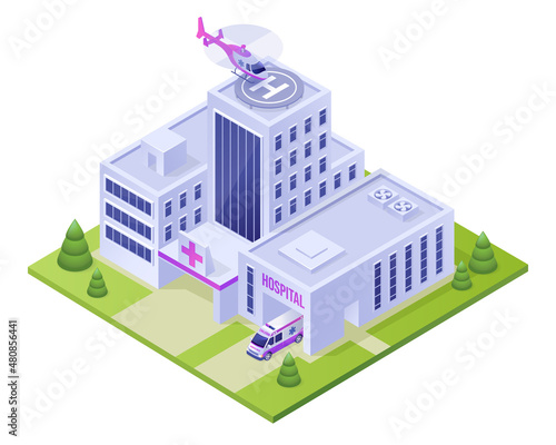 Isometric hospital clinic building with ambulance car, helicopter on roof and green bushes. Medicine, city infirmary health care infrastructure, medic office 3d vector illustration, low poly map icon
